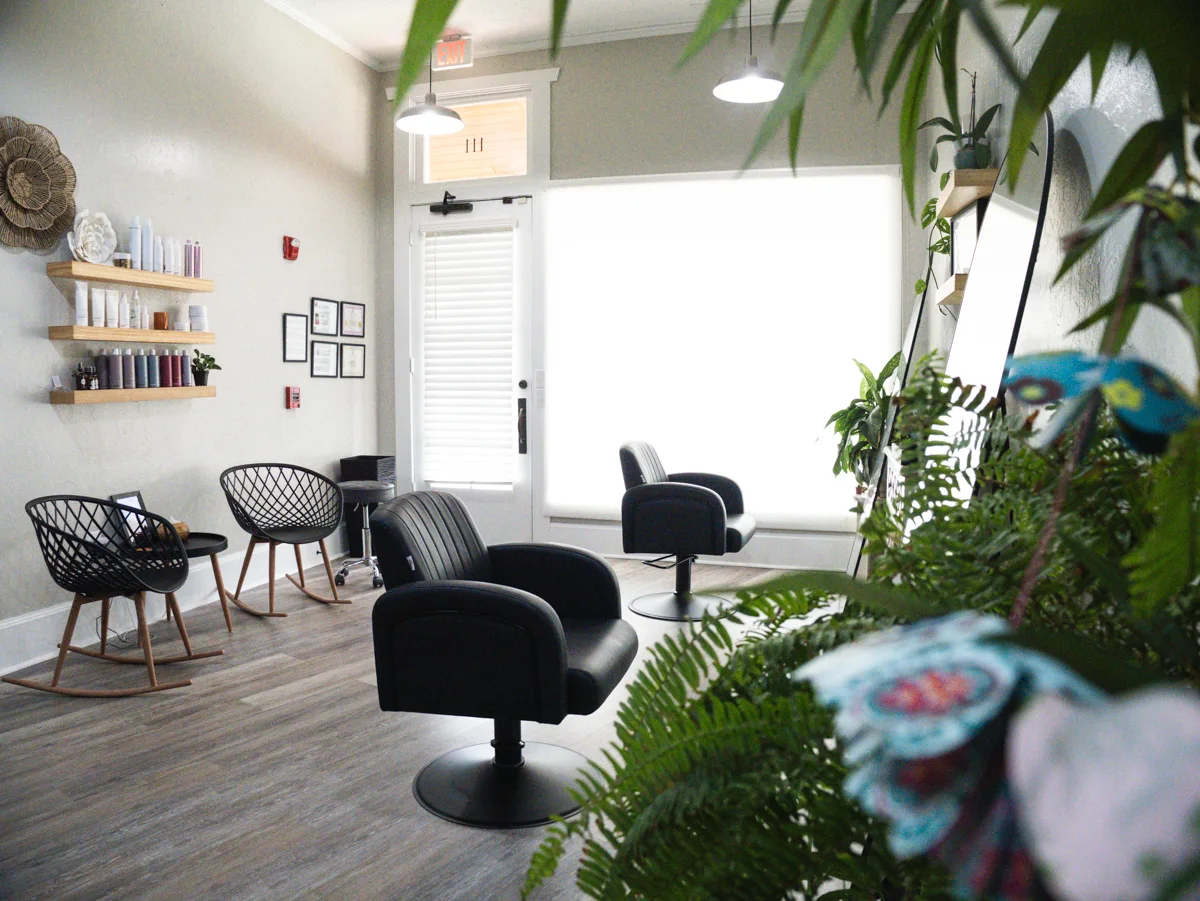 A detail of the plant-filled salon