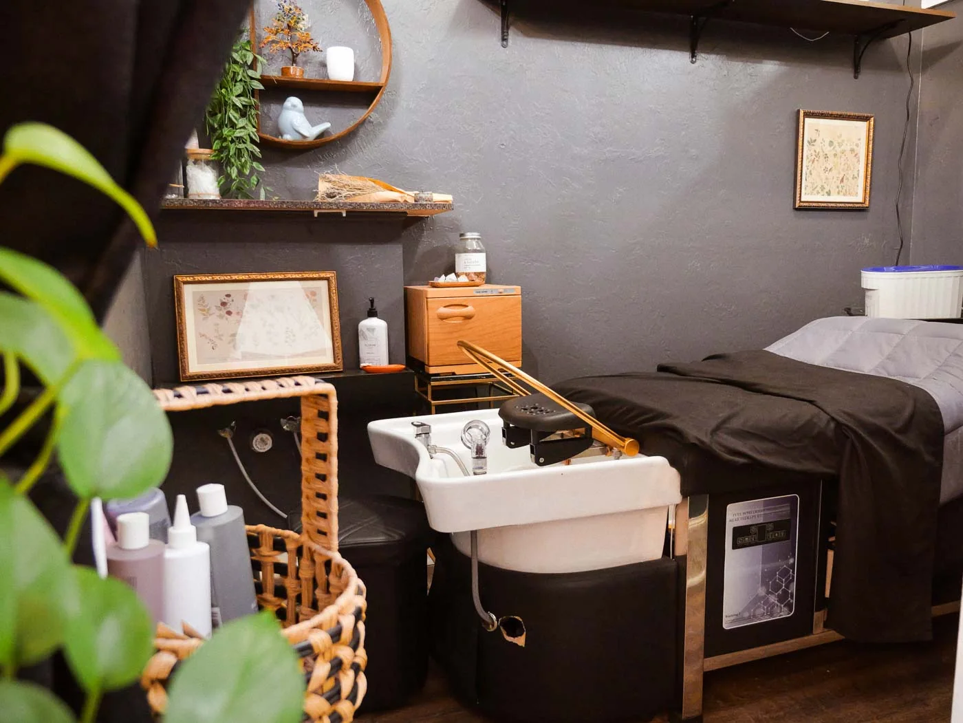The HeadSpa room with its wash basin, treatment bed and plants