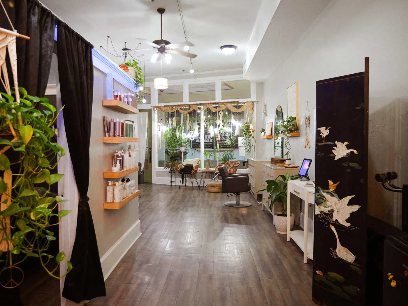 The full length of the salon, from the styling chairs to the plant-filled front window