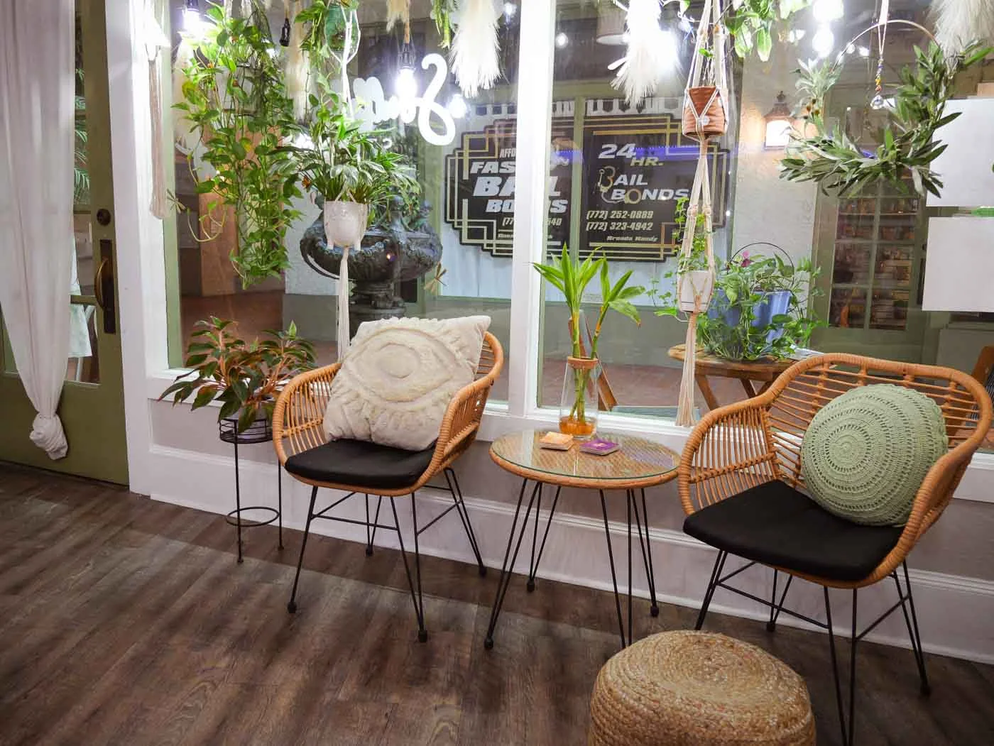 Rattan chairs and cushions in the waiting area